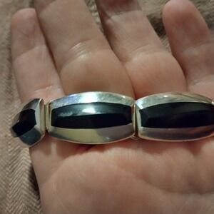 Vintage Taxco Mexico Sterling Silver Black Onyx Link Bracelet 59.9g 6.5" Mid...